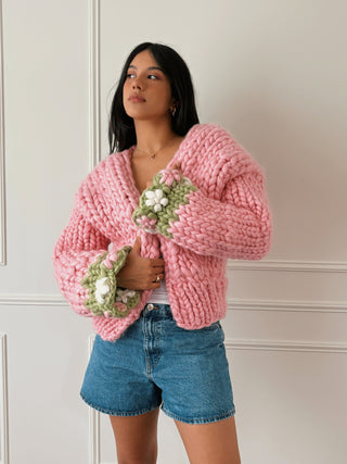 Pink Flower Chunky Knit Cardigan