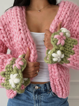 Pink Flower Chunky Knit Cardigan
