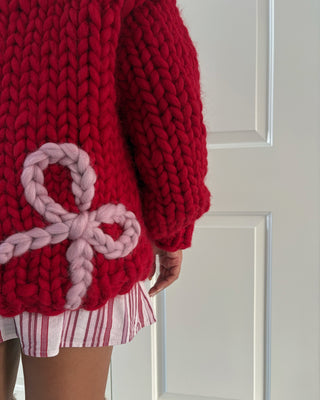 Red Off-the-Shoulder Chunky Bow Knit Sweater