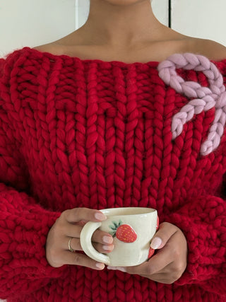 Red Off-the-Shoulder Chunky Bow Knit Sweater