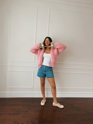 Pink Flower Chunky Knit Cardigan