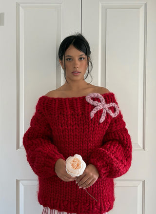 Red Off-the-Shoulder Chunky Bow Knit Sweater